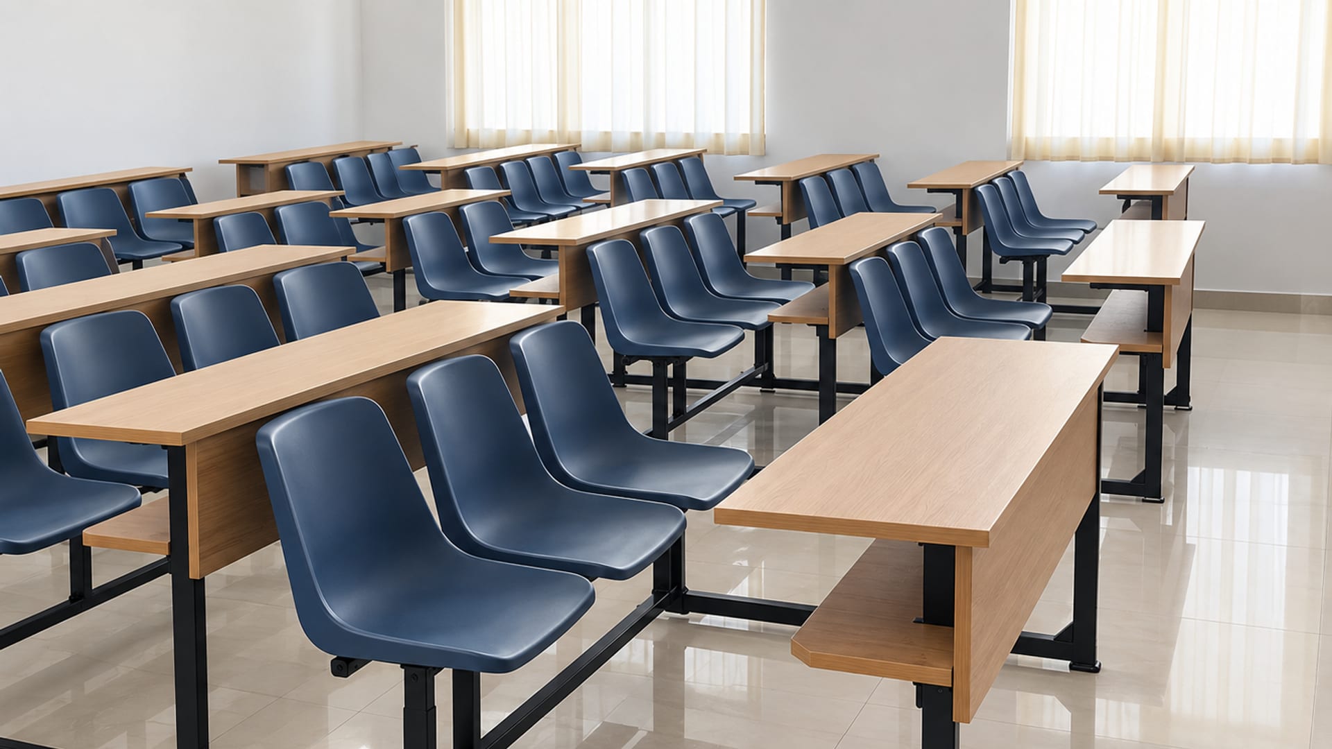 Rows of steel-framed lecture hall seating made by Nelco, Thodupuzha